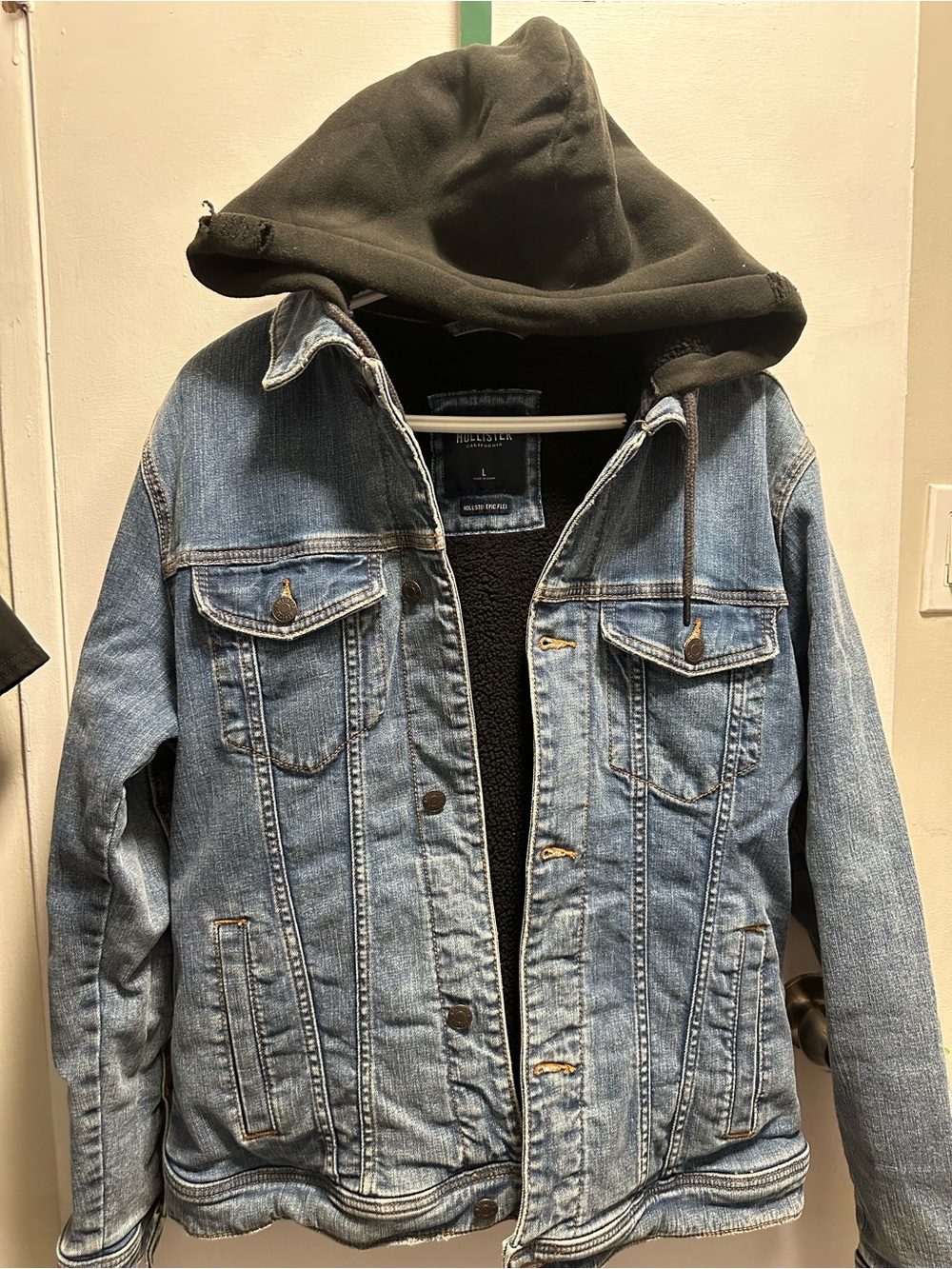 Hollister Light Blue Denim Jacket with Black Hood